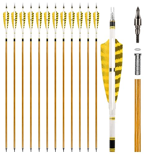 REAWOW 12er Carbonpfeile,mit 4" Naturfedern 31 Zoll Bogenpfeile für Bogenschießen Erwachsene Pfeil für Recurvebogen Traditionellen Bogen