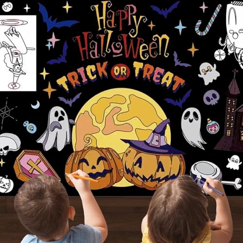 VOPIWOZ Halloween Maltischdecke für Kinder, Halloween Bemalbare Tischdecke Kinder, Enthält Kürbisse, Gespenster, Fledermäuse, Schlösser, Hexen, Papiertischdecke für Halloween Kinder Party Deko