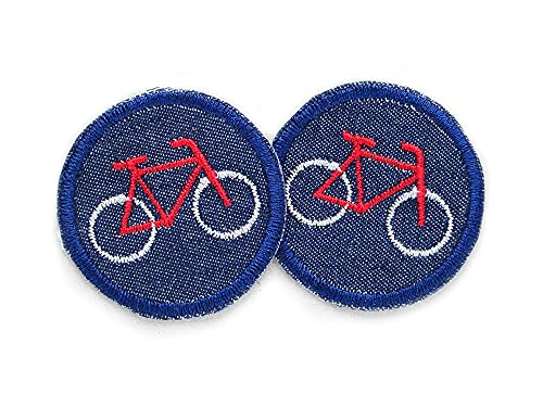 Set 2 Mini Jeansflicken Fahrrad, ø 4 cm, Rad Patches gestickt, Flicken zum aufbügeln für Jungen/Erwachsene