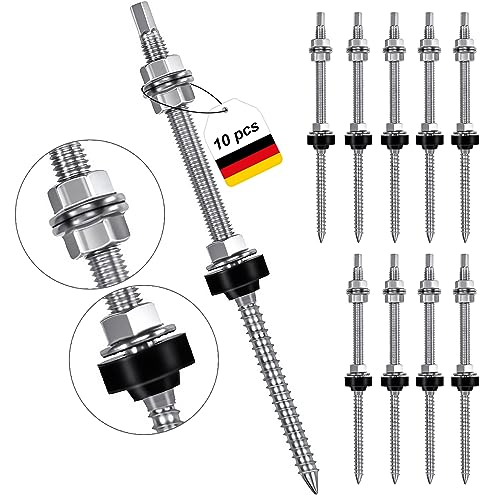 Stockschrauben M10 x 200 mm Stockschrauben PV Anlage (10er Pack) Edelstahl Höhenverstellbar Stockschraube Dübel für Photovoltaik Solarbefestigung auf Gebäudedächer Material: Edelstahl (SUS304)