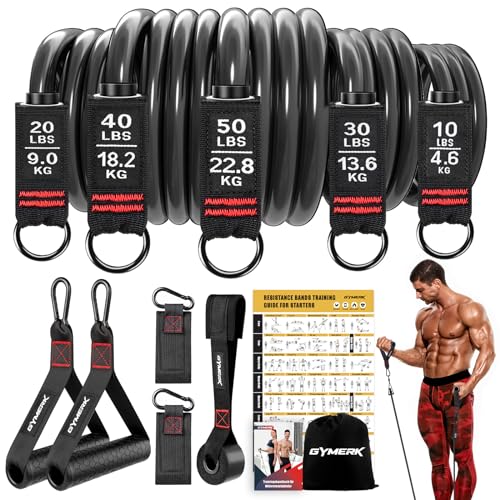 GYMERK Resistance Bands Set, Expander Fitness Mit Gummigriffe, Trainingsplakat, Knöchelriemen, Türanker, Tragtasche, 5er Verschiedene Widerstandsstufen Ideal für Krafttraining Physiotherapie