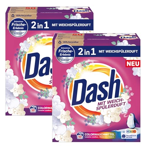 Dash 2 in 1 Colorwaschmittel mit Weichspülerduft, Pulver – 2 x 3 kg (ca. 100 Waschladungen)