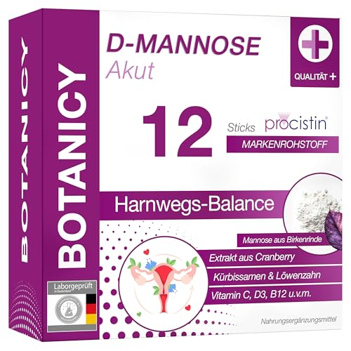 Botanicy D-MANNOSE + CRANBERRY AKUT - 12 Sticks Trink-Pulver - Bei Blasenentzündung & Harnwegsinfektion - PROCISTIN® D Mannose Pulver mit Cranberry Extrakt - Löwenzahn, Kürbis, Vitamin C, L-Methionin