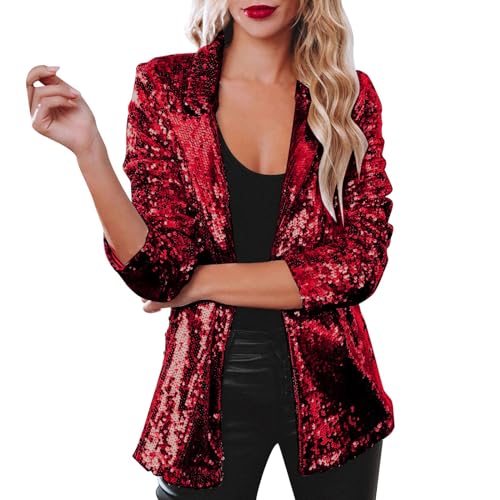 Pailletten Cardigan Jacke Damen Langarm Glitzer Bomberjacke Party Club Jacke Pailletten Damen Tailliert Anzugjacke Glitzer Tops Kurz Oberteile Glitzer Outfits Streetwear Pailletten (Red-2, XXL)