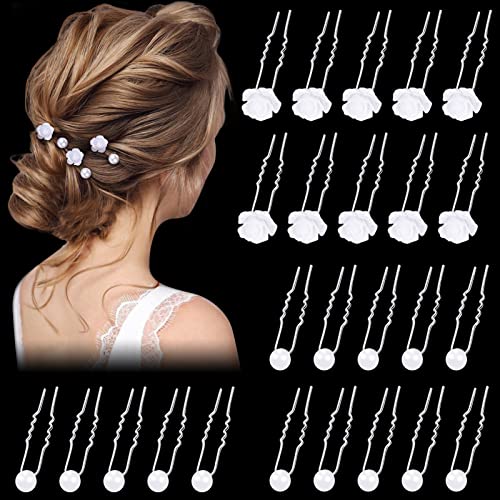 25 Stück Braut Hochzeit Haarnadeln, Haarnadeln Perlen, U-Förmige Brautschmuck Haarnadeln, Haarschmuck Hochzeit Blumen Strass Haarschmuck Kommunion für Frauen und Mädchen