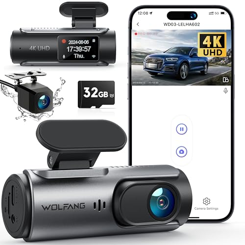 WOLFANG Dashcam Auto Vorne Hinten 4K WiFi Dash Cam mit 32GB SD Karte, Ultra Nachtsicht, 170°Weitwinkel, WDR, 24 Std. Parkmodus, G-Sensor, Loop-Aufnahme