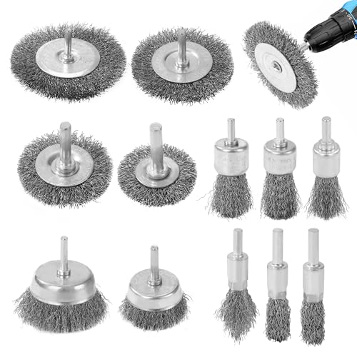 BUCOMTU 12 Stück Drahtbürsten Bohrmaschine, 6 mm Drahtbürsten Akkuschrauber mit Sechskantschaft, zum Entfernen von Rost, Farbe, Graten und Schmutz