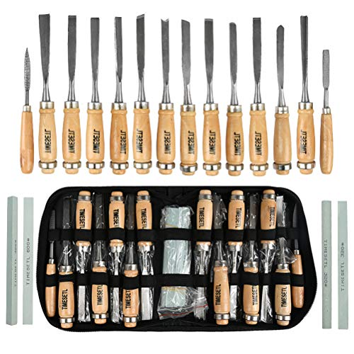 TIMESETL 14Stück Hohlbeitel Stechbeitel Meißel Set, Stechbeitelsatz Holzschnitzerei Hand Meißel Werkzeug Holzbearbeitung Meißel Set mit 4St. Schleifsteine Beutel für Profis und Anfänger DIY Holz Craft