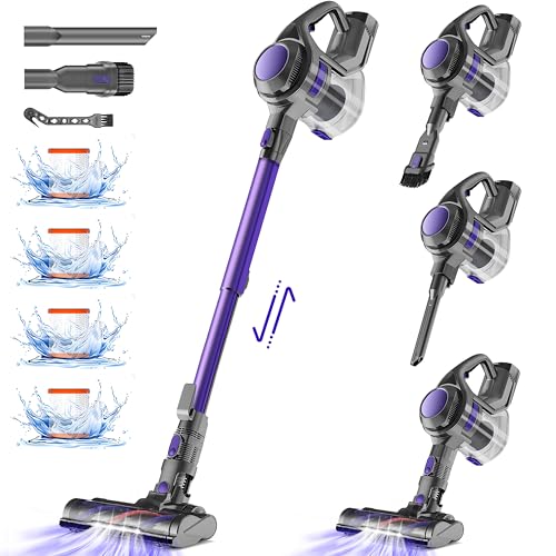 Authmic Akku Staubsauger 40000Pa/50Min/450W,Staubsauger Kabellos, Kabelloser Staubsauger mit 1.6L Staubbehälter,4 HEPA Filters,für Teppich,Hartböden,Tierhaare