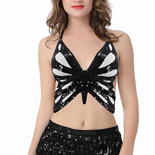 Naimo Damen Pailletten Crop Top Schmetterling Cami Sexy V-Ausschnitt Rückenfreie Schnürung Bauchtanz Kostüm Outfits