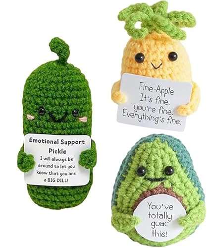 UYOE 2023 Handmade Emotional Support Pickled Cucumber Gift, Cute Handwoven Ornaments,Crochet Support Pickles Wooden Base Ornament for Office Desk,Christmas Knitting Doll Ornament Gift (3PCS-A)