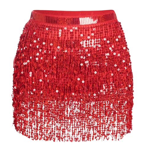 Glitzer Damen Pailletten Rock Bauchtanz Kostüm Mini Cowgirl Tanzkleid Rave Outfit Hüfttuch für Mädchen (DE/NL/SE/PL, Alphanumerisch, M, Regular, Rot)