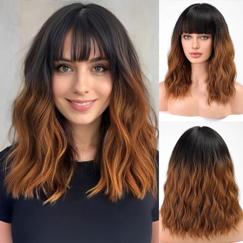 HAIRCUBE Kurze Charming Bob mit Bangs Perücken für Frau Natur Hitzebeständige Kunstfaser Party/Cosplay/Kostüm/Tägliche Perücke (Ombre Brown)