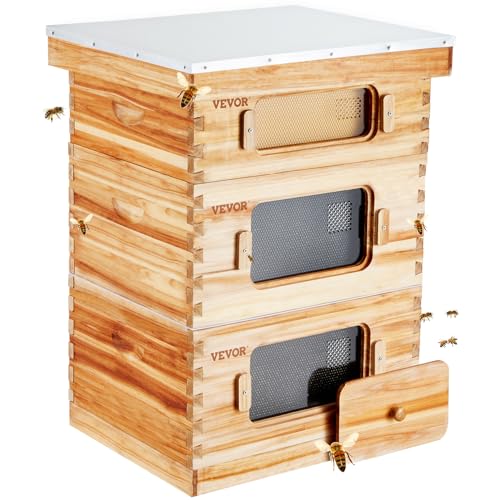 VEVOR Bienenstock, Zander Beute für 30 Rahmen, mit Bienenwachs beschichtetes Holz, 2 Tiefe + 1 mittelgroßer Bienenkasten, Langstroth-Bienenstock-Set, transparente Acrylfenster mit Fundamenten