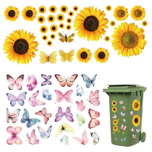 HENGBIRD Mülltonnen Aufkleber Mülltonnenaufkleber Wetterfest Selbstklebender Sonnenblumen Deko Sticker Blumen Schmetterling Wasserfeste Aufkleber Kühlschrank Aufkleber für Mülltonnen, Wand, Tür