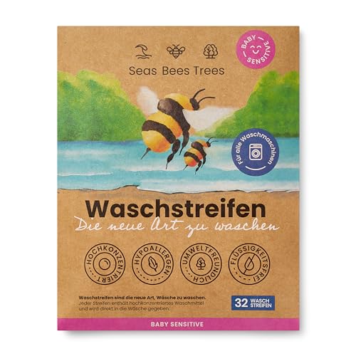 Seas Bees Trees Waschmittel Blätter Baby Sensitive, sanfte und gründliche Reinigung für Babykleidung, nachhaltige Wäschestreifen ohne Duft, für Weiß-, Bunt- und Handwäsche, 32 Streifen