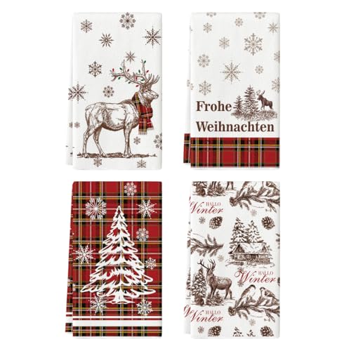 Artoid Mode Rot BüffelKaro Weihnachtsbaum Rentier Frohe Weihnachten Küchentücher Geschirrtücher, 42x65 cm Christmas Deko Polyester Handtücher 4er Set