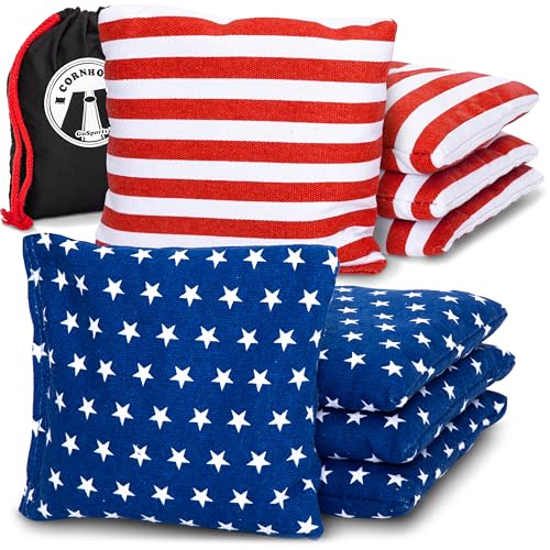 GoSports Cornhole Sitzsack-Set, offizielle Verordnung (8 Allwettersäcke) – Amerika Sterne und Streifen oder Rot und Blau – Wählen Sie Ihren Stil
