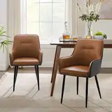 CLIPOP Esszimmerstühle 2er Set mit Armlehne Kunstleder Gepolstert Küchenstuhl,Akzent Sessel Esszimmerstuhl Colorblock Loungesessel Wohnzimmer Empfangstühle für Esszimmer Küche,Braun-Grau