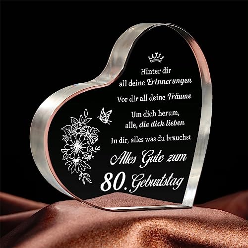 Pandasch 80 Geburtstag Geschenke Frauen, Geschenke zum 80. Geburtstag Frau - Acryl Herz Tischschmuck/Briefbeschwerer, Coole Geschenkideen zum 80 Geburtstag Frau, Besondere 80. Geburtstagsgeschenk