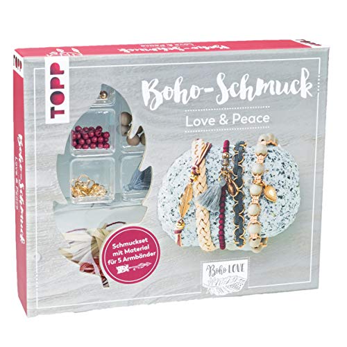 Boho-Schmuckset Love & Peace (Dunkelrot/Grau): Anleitung und Material für 5 Armbänder im Boho Look zum Selbermachen. Bänder, Biegeringe, Perlen und Anhänger. Nickelfrei