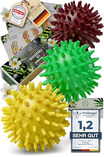 HELDSON® Premium Massageball Set [3 Härtegrade]- Igelball Fußmassage hart, weich - Noppenball - Igelbälle klein - Faszienball Rücken - Massage Ball Faszien - Massageball Fuß - Stachelball Noppen