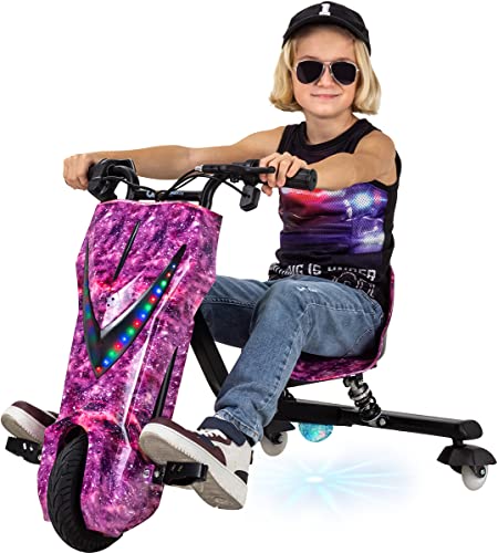 Actionbikes Motors Kinder Elektro Driftscooter | ??? Watt Motor - Drift Cart 360°- 3 Geschwindigkeitsstufen - LED-Beleuchtung - Sitz verstellbar - Bluetooth - Drift Kart - Drift Auto (Space Purple)