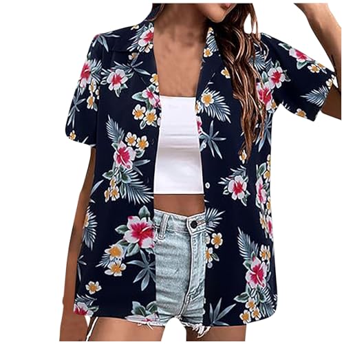 yiouyisheng Hawaii Outfit Damen Hawaiihemd Kurzarm Hawaii Hemd Damen Hawaii Bluse Sommer Button Down Hawaii Shirt Strand Reise Party Hemd Funky Aloha Sommerhemd Casual Hawaiibluse Hawaii Hemden