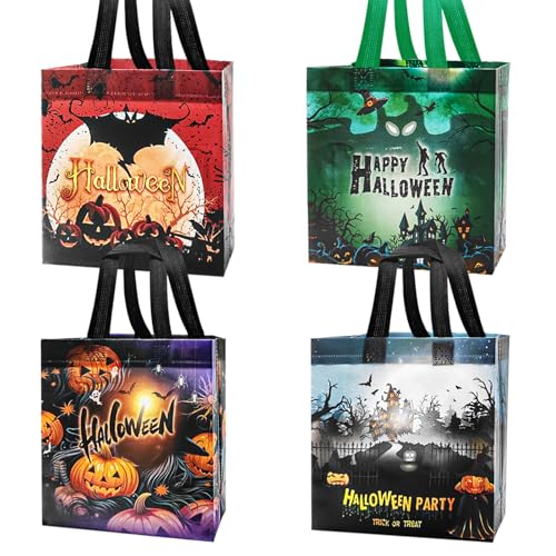 Mooshy Halloween Geschenktüte Tasche, 4 Stück Halloween Süßigkeit Süßes Taschen mit Griffen für Trick or Treat, Non Woven Halloween Beutel für Süßigkeiten, Halloween Tüten Deko Kinderparty 20×20×8cm