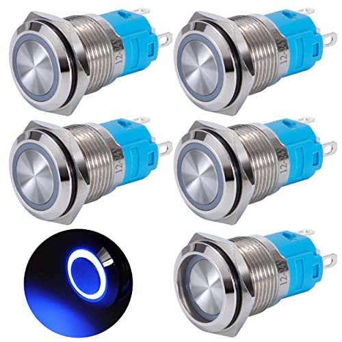 QIMEI-SHOP Druckschalter Wasserdicht 16mm Taster LED Schalter 12-24 V 3A Verriegelung Druckknopfschalter Messing 5 Pin mit Blau Ring LED-Licht für Auto KFZ Boot Motorrad 5 Stück