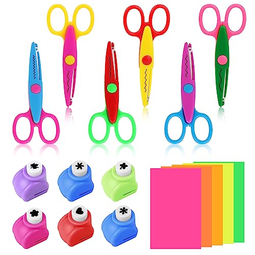 MXTIMWAN Kinder Bastelscheren Set, 6 Stück Kinder Zickzackschere, 6 Stück Papierstanzer, 5 Stück Papierschnitt, Bunte Kinderschere für Kinder Handwerk Design, Clipbook, DIY