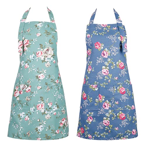 Gaosaili 2 Stück Kochschürze Damen Blumen Schürze mit großen Taschen,Blumenschürze Verstellbare Küchenschürze Kitchen Chef Aprons Grillschürze für Damen(M)