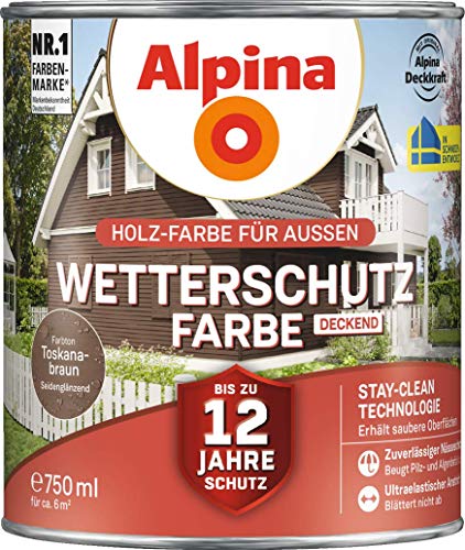 Alpina Holz-Wetterschutz-Farben – Toskanabraun, deckend – bis zu 12 Jahre Schutz vor Witterung und Nässe – schmutzabweisend, deckend & ergiebig – 750 ml