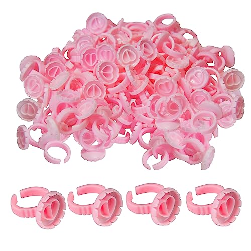 Kleber Halter Ringe, 100 Stück Wimpernkleber Halter Ring, Herzform Wimpern Ring, Plastic Wimpern Extensionsn Halter, Wimpernverlängerung Tasse, Wimpern Blüte Halter für Wimpern Extensions Pink