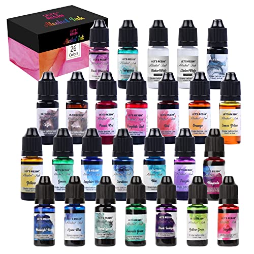 LET'S RESIN Alkohol Tinte Set - 26 Farben Alcohol Ink zur Epoxidharz Malerei, Hochkonzentrierte Tinte auf Alkoholbasis, konzentrierte Epoxidharzfarbe Farbstoff für Harz Kunst, Malen - je 10 ml