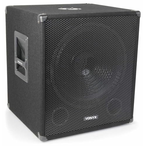 VONYX SWA15 PA Subwoofer Aktiv, Bass Box, 15 Zoll Sub 600 Watt, XLR, RCA Line, Phase, Tiefpassfilter, Bassbox Tieftöner mit integriertem Verstärker, Basslautsprecher mit Filzbeschichtung - Schwarz