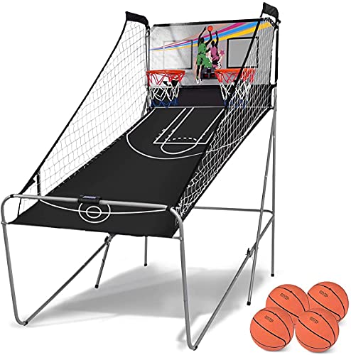 RELAX4LIFE Basketballständer Doppelschuss, Basketball Automat klappbar, Basketball-Arcade-Spiel, 8 Spieloptionen für 2 Spieler, Schießmaschine mit 4 Bällen & Pumpe, Elektronische Bewertung mit LED