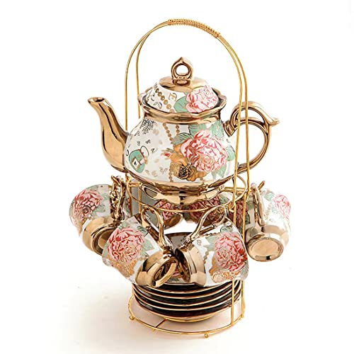 Gold Plated Red Rose Ceramic Tea Set, Vintage Tea Set with Teapot, Beautiful Tea Set Coffee Serving 6 People (gilded rose L)