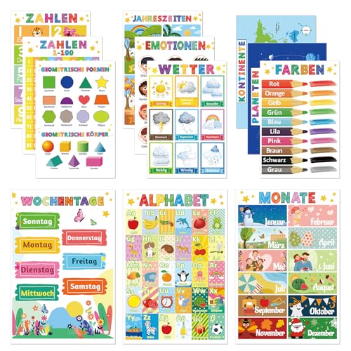 COCHIE 12 Pädagogische Montessori Lernposter A4, Alphabet Zahlen Poster für Kinder Vorschule Grundschule, Bilder Kinderzimmer Klassenzimmer Deko Jungen Mädchen