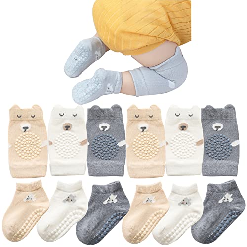 Hanzapor Baby Krabbeln 3 Paar Baby Socken und 3 Paar Baby Knieschoner 0-24 Monate Jungen Mädchen Rutschfeste Socken Stoppersocken (DE/NL/SE/PL, Alter, 12 Monate, 24 Monate, kleiner Bär)