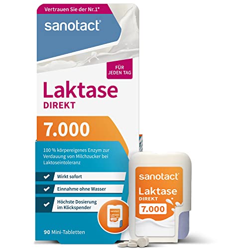 sanotact Laktase 7.000 DIREKT (90 Mini Laktasetabletten) • Laktose Tabletten für jeden Tag • Bei Laktoseintoleranz, Laktose- & Milchunverträglichkeit • Schnelle Einnahme ohne Wasser