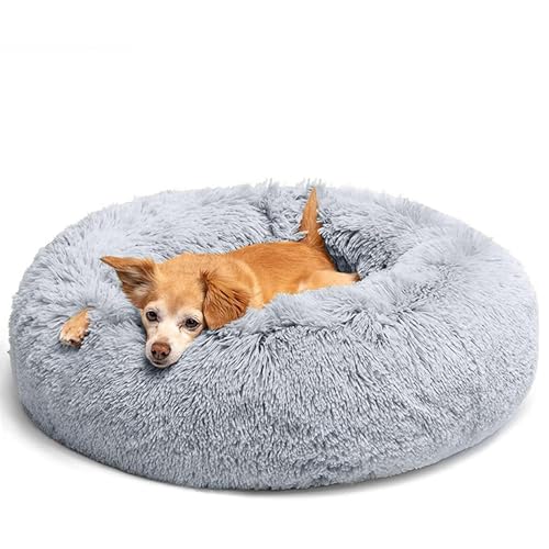 LUOJINYI Hundebett Flauschig, Hundekissen Rund Haustierbett Donut Katzenbett Waschbar mit rutschfestem Boden für große, mittelgroße & kleine Hunde, 70 cm, Hellgrau