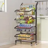 COVAODQ Gemüseregal für Küche,Stapelbarer Obstkorb Gemüse,Aufbewahrungswagen KüchenWagen Mit Abschließbare Rollen und Holzgriff, Für Badezimmer,Küche,Büro (schwarz)