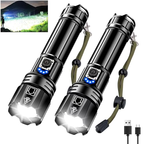 Glarylight Taschenlampe LED Aufladbare 500000 Lumen, LED Taschenlampe Extrem Hell XHP70.2 mit 5 Modi & Zoomable & IPX7 wasserdicht, Taktische Taschenlampen für Camping, Wandern, Notfälle (2 Pack)