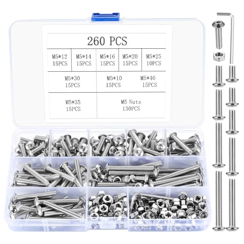 M5 Schrauben Set, 260 Stück Linsenkopf Sechskantschrauben mit Muttern Kit, Gewindeschrauben Set, Maschinenschrauben Muttern Set, Sechskantkopfschrauben und Muttern Sortiment - M5