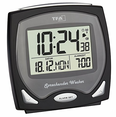 TFA Dostmann Sprechender Funk-Wecker, ideal für Sehbehinderte, 60.2541.01, 12 x 6 x 12 cm, schwarz, Kunstoff, L 124 x B 68 x H 127 mm