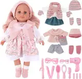 deAO Babypuppen-Spielset, Kleid Spiel Set für 36cm Puppe mit 3 Outfits und Puppenzubehör zum Kämmen und Frisieren, Puppe mit Langen Rosa Haaren Tolles Rollenspiel-Spielzeug für Kinder