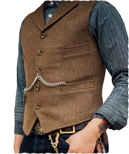 Tuikayoo Herren Tweed Anzug Vintage Weste Herringbone Wolle Abschlussball Weste Trauzeugen（Braun，M）