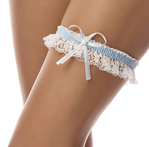 BrautChic® Elegantes SCHMALES Strumpfband Hochzeitsstrumpfband - Braut Strumpfband aus Spitze mit zarter Satinschleife- One Size- CREME/BLAU