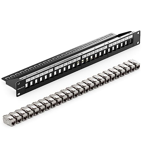 deleyCON 24 Port CAT7 Patchpanel SET Patchfeld Verteilerfeld Modular 1 HE 19" Zoll Rackeinbau + 24x CAT 7 Keystone Module RJ45 LAN Netzwerk 10 Gbit/s 600 MHz Verlegekabel Schwarz